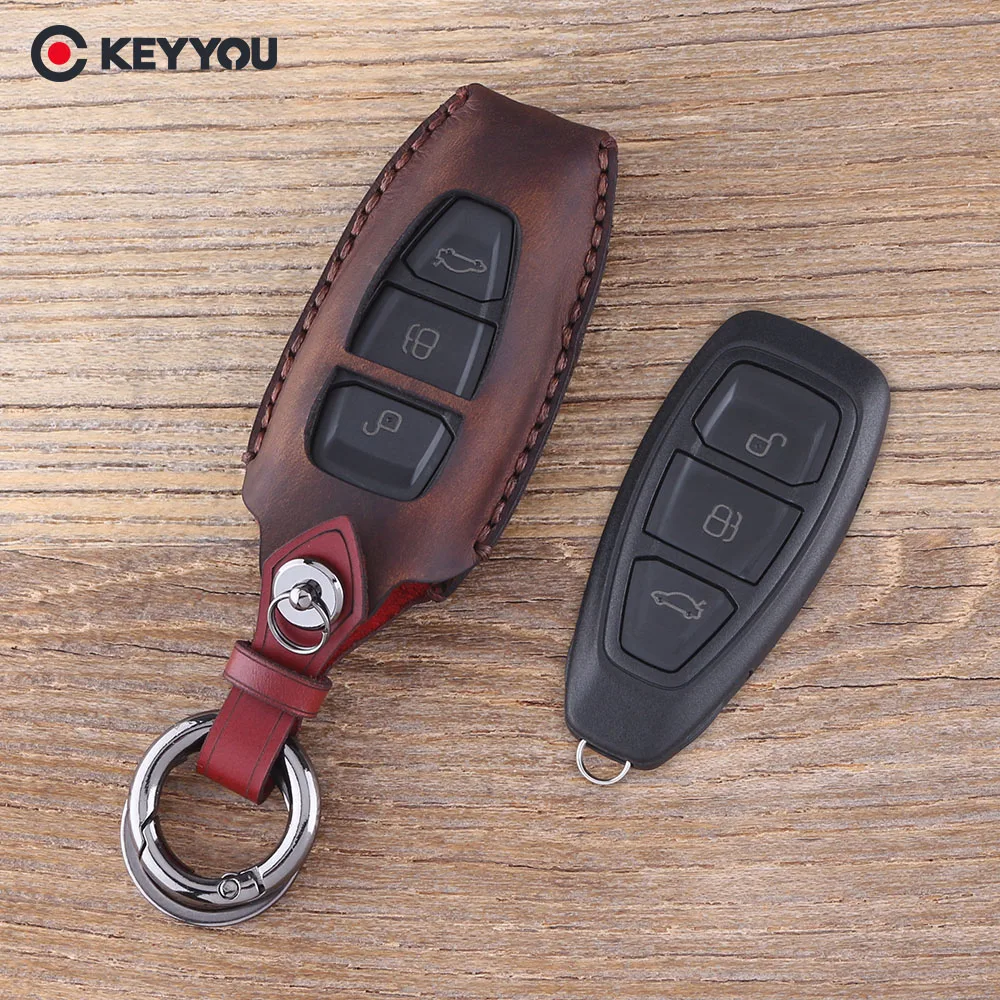 

KEYYOU Genuine Leather Car Key Smart Remote Key Case Cover for Ford Fiesta Focus 3 4 MK3 MK4 Mondeo Ecosport Kuga Focus ST