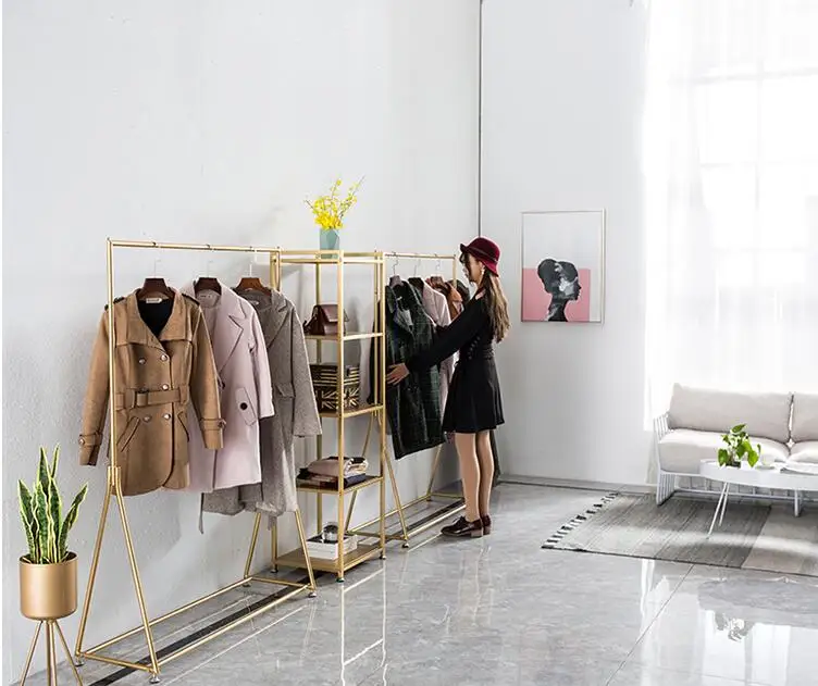 Железный художественный стеллаж для демонстрации одежды вешалки до пола полки мужской и женской простые