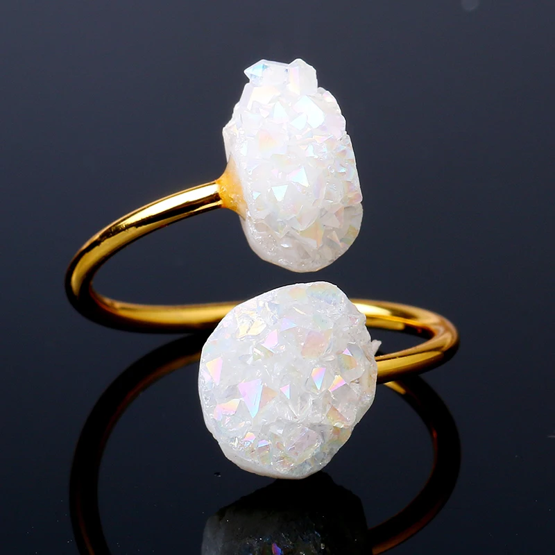 

Double Druzy Stone Ring Vintage Smooth Gold Plating Wedding Rings Adjustable Size 5-10mm Irregular Natural Stone Rings For Women