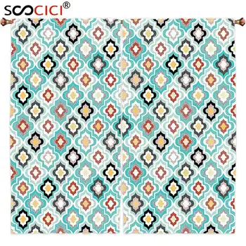 Window Curtains Treatments 2 Panels,Geometric Decor Vintage Ottoman Floral Design with Old Fashion Heraldic Tiles Artistic