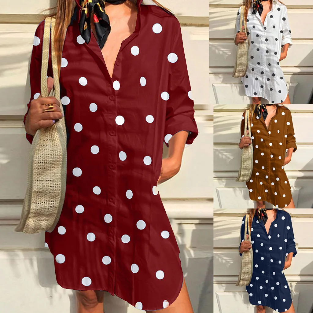 Бесплатная страусиное платье для женщин с принтом в горошек на пуговицах А