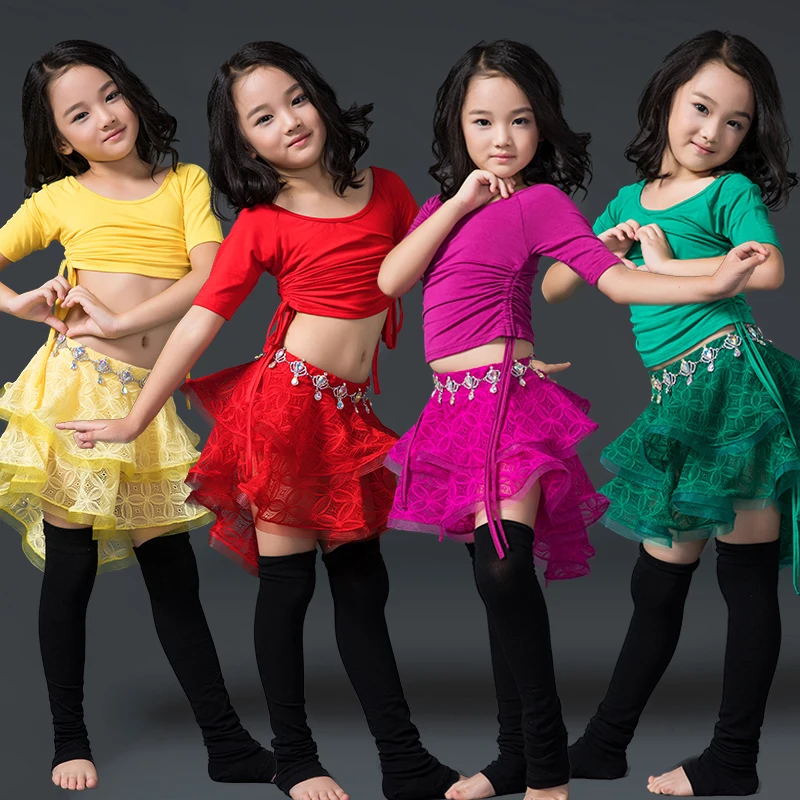 Восточные костюмы Bellydance для детей рубашка с коротким рукавом кружевная юбка
