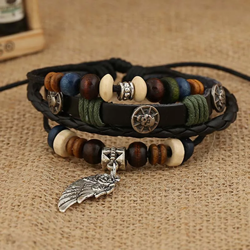 Retro Punk Fashion Style Charm Leather Bracelets Leaf Pendant Beaded Strands Gift For Man Women Family Present Hot Sale | Украшения и