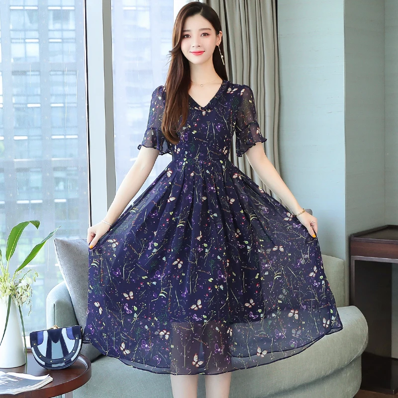 Женское тонкое платье с v образным вырезом шифоновое принтом листьев лотоса и