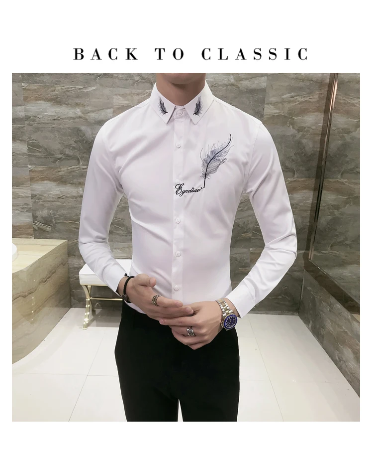Модные мужские вечерние рубашки, мужские рубашки с длинным рукавом Camisa Social Masculina, мужские черные белые Клубные рубашки с вышивкой