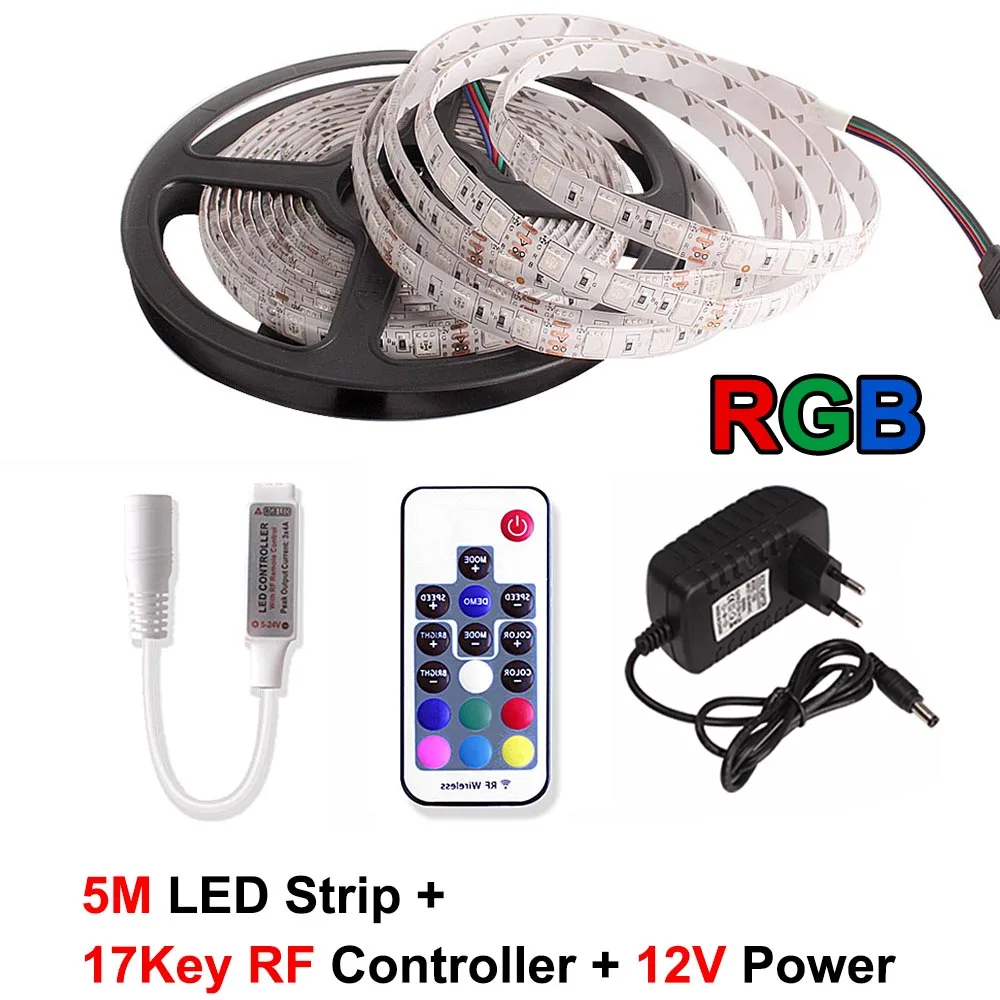 5M 5050 RGB/RGBW Светодиодные ленты Водонепроницаемый ИК/RF/Wi-Fi/Bluetooth контроллер неоновый светодиодный полосы Подсветка Ambi светильник ТВ светильник Диодная лента 12V - Испускаемый цвет: 17Keys RF RGB Set