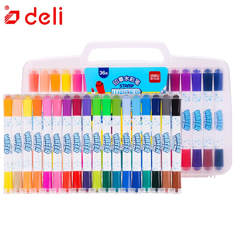 36pcs blue color box Deli 24/36 краски акварелью набор моющиеся дети печать Рисование Живопись граффити Канцтовары ручка цвета воды студентов - Цвет: 36pcs blue color box