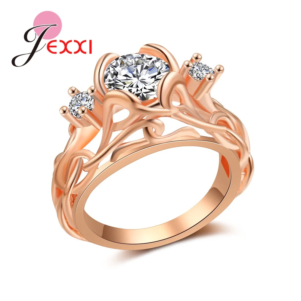

Special Wedding Gifts Rose Gold Rings For Women Bridal Prong Setting Clearly Crystals CZ Romantic Wedding Lady Jewelry