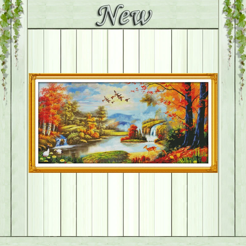 

Maple's woods and Swan lake forest scenery Counted print on canvas DMC 14CT 11CT DIY Cross Stitch Needlework kit Embroidery Sets