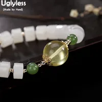 Uglyless 100% Real Natural Jade Beads Bracelets for Women Elastic Rope Amber Bangle Jasper Lotus Leaf Charms Fine Jewelry Bijoux