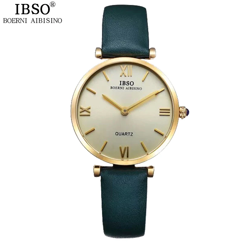 A green IBSO брендовые часы, женские наручные часы, роскошный красный ремешок из натуральной кожи, кварцевые часы, женские часы, Relogio Feminino# B2210L - Цвет: A green