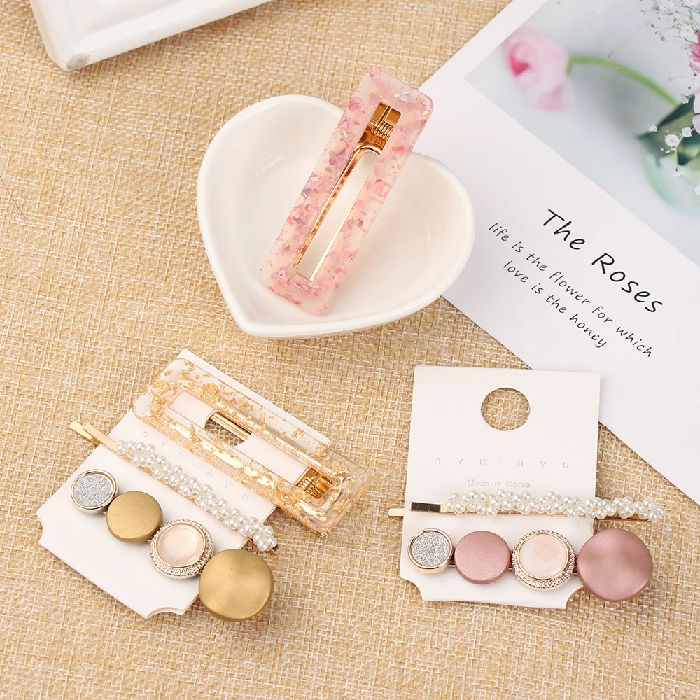 3PCS/Set Fashion Pearls Acetate Geometric Hair Clips For Women Girls Headband Sweet Hairpins Barrettes Hair Accessories Set