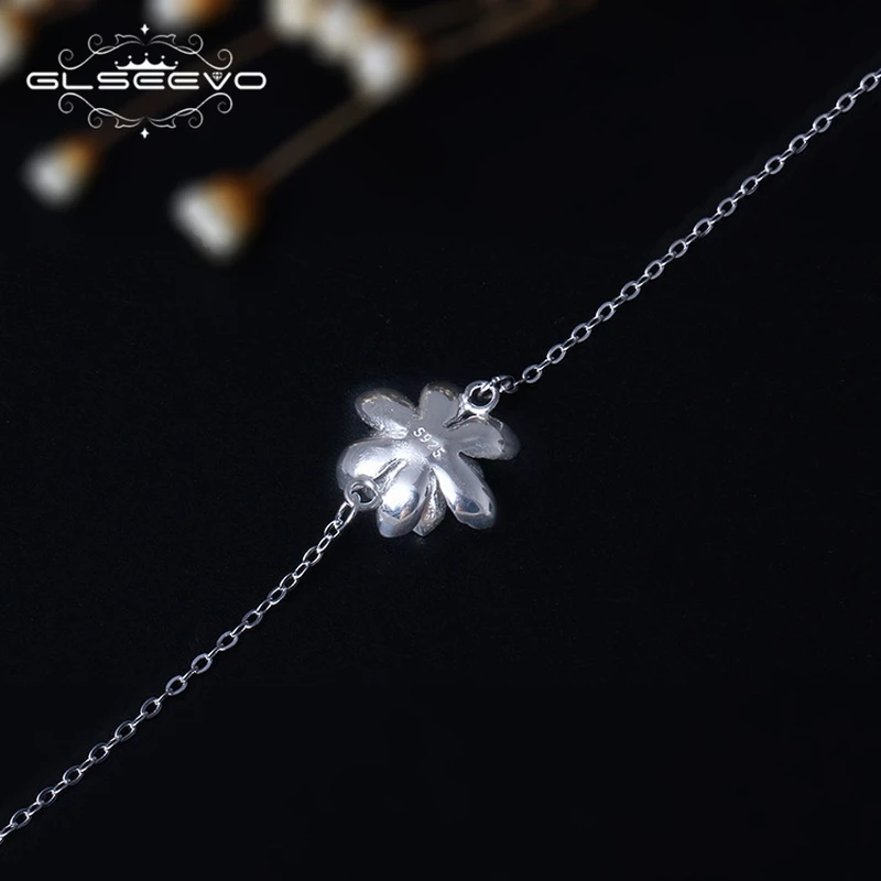 GLSEEVO 925 Sterling Silver Flower Bracelet For Woman Pink Zircon Adjustable Bijoux Argent Massif Jewelry GB0010 | Украшения и
