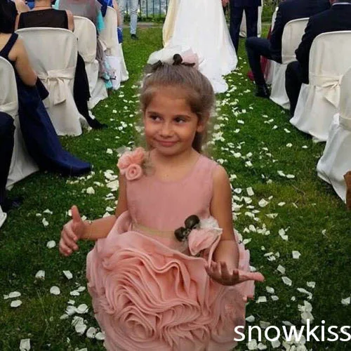 Champagne/pink short ball gowns beautiful flowers satin ruched flower girls dresses nice birthday party gown for wedding | Детская