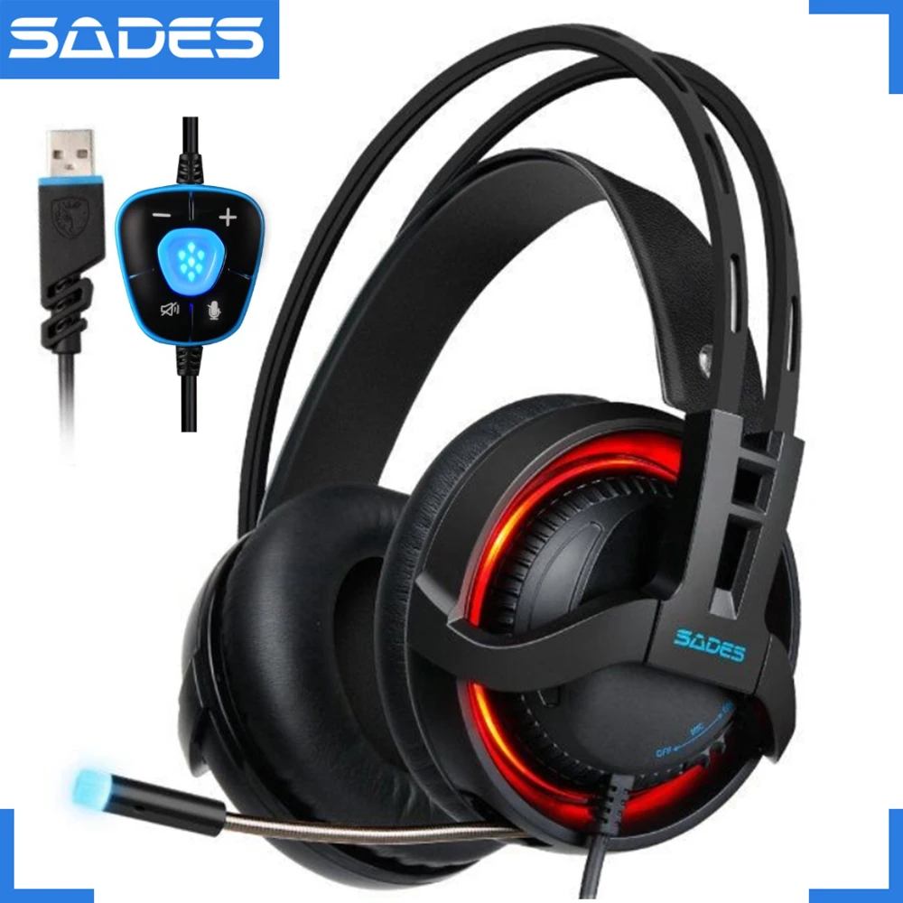 SADES R2 игровая гарнитура, стерео звук, компьютерные наушники, USB, дышащие, светодиодный, с микрофоном, для PC Gamer