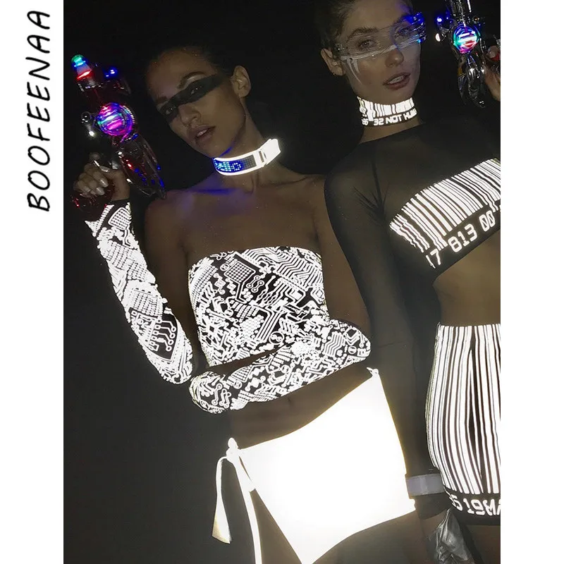 BOOFEENAA светоотражающие 3D принт черные сексуальные Короткие топы для женщин 2019