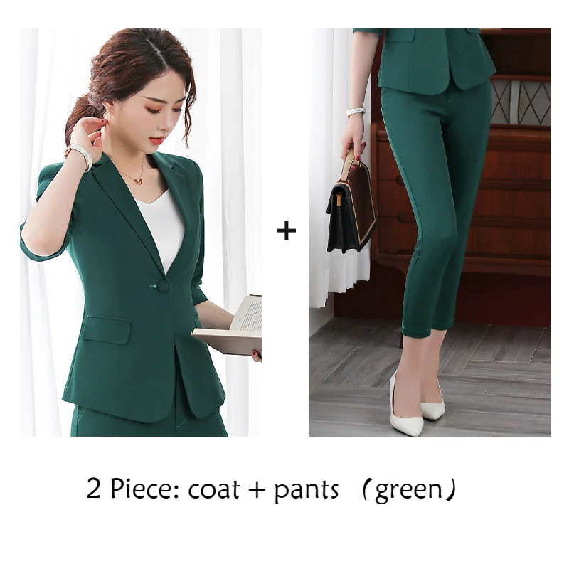 green coat pants Женский костюм весенне-летние приталенные карамельные блейзеры с рукавом средней длины Офисная Женская модная повседневная куртка штаны по лодыжку костюмы Женская одежда - Цвет: green coat pants