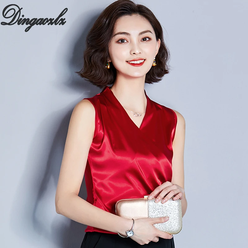 Dingaozlz летняя футболка для женщин blusa новая однотонная Повседневная рубашка с v-образным вырезом без рукавов Женские топы