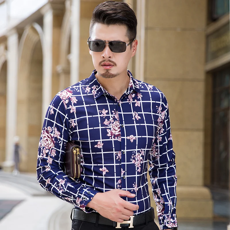 

Big Size Clothing 7XL Men Casual Shirts 2019 New Fashion Plaid Floral Camisa Masculina Flowers Men Long Sleeve Shirts #9930
