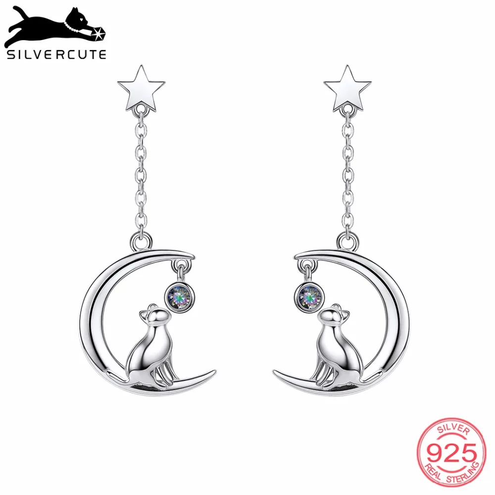 SILVERCUTE Звезда Луна кошка Висячие серьги для женщин девочек ювелирные украшения