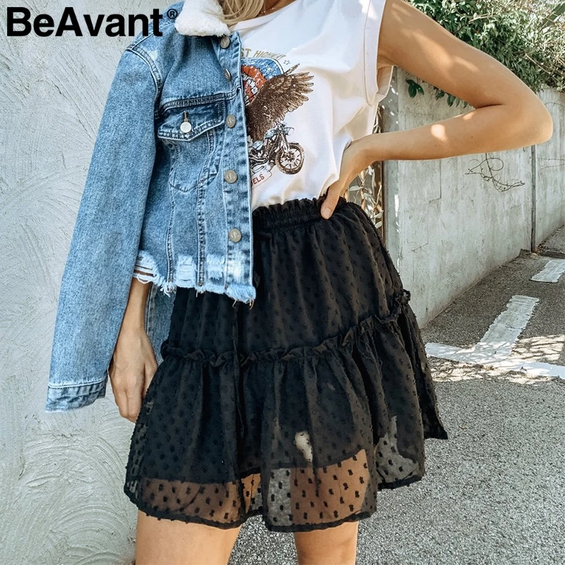 BeAvant Boho летняя плиссированная мини-юбка женская короткая юбка в горошек с высокой талией розовая трапециевидная шифоновая юбка с цветочным принтом и рюшами - Цвет: Черный
