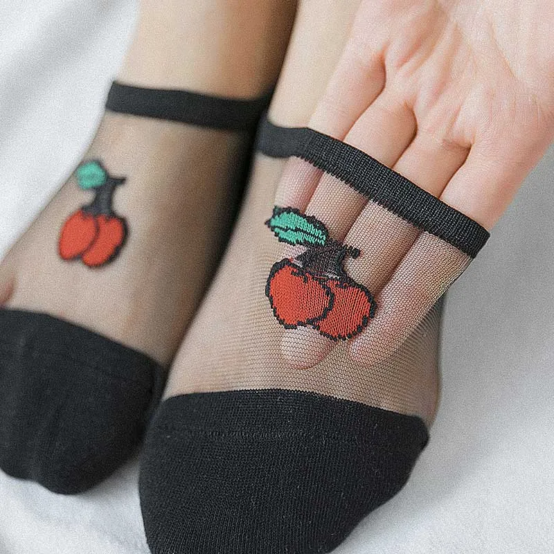 Жаккардовые Прозрачные шелковые носки с фруктами и вишнями милые хлопковые