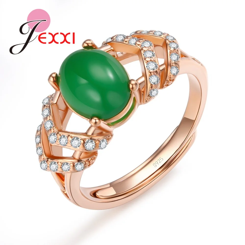 

High Quality Green Oval Stones 925 Sterling Silver Jewelry For Women Rose Gold Adjustable Rings with Shining Crystals
