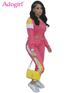 Женский Повседневный Спортивный костюм из двух предметов в стиле пэчворк Adogirl, укороченный топ на молнии + спортивные штаны, уличная спортивная одежда