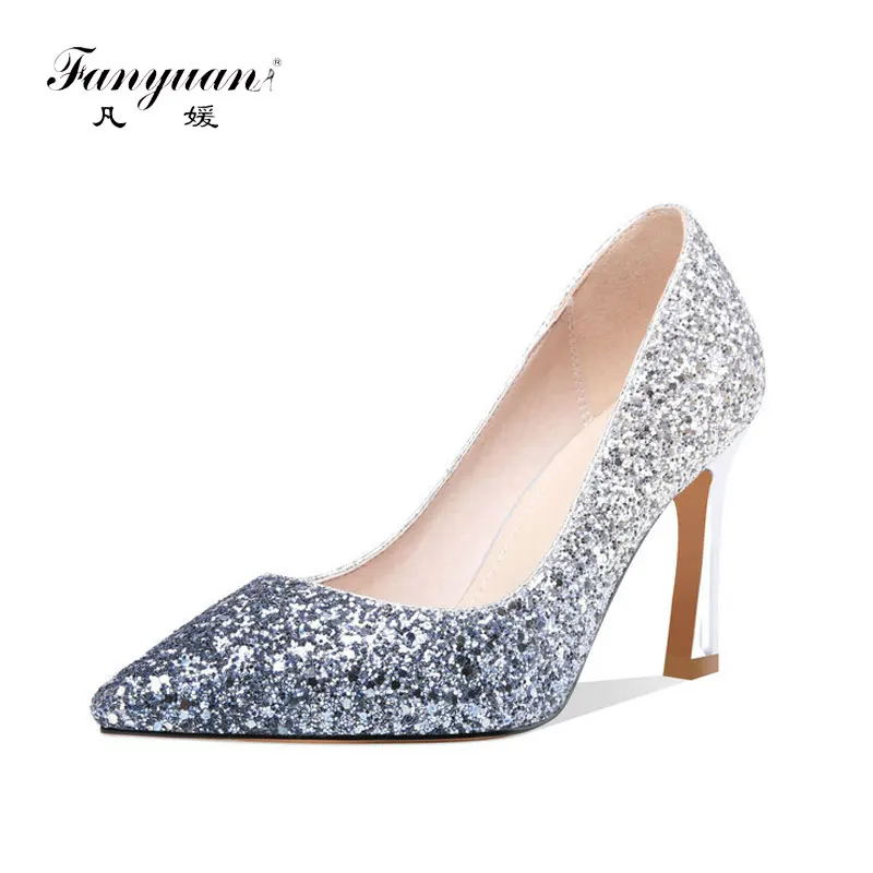 

fanyuan 2019 glitter sequin fabric bling woman stilettos fashion wedding party women pumps silver bride high heels size 43