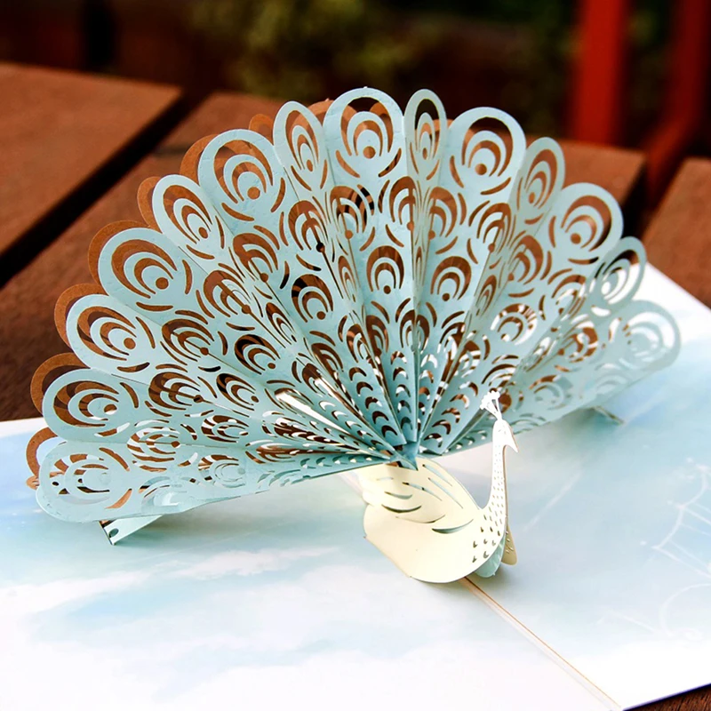 3D Laser Cut Handmade Colorful Cover Flaunting Tail Peacock Paper Greeting Cards PostCard Children Kids Creative Gift |