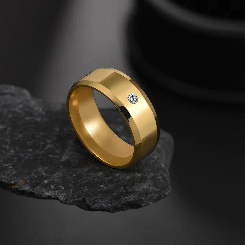 Gold 8 mm ELSEMODE, черное титановое кольцо, циркон для мужчин и женщин, заводские прямые антиаллергенные кольца для влюбленных пар, гладкие простые обручальные кольца - Цвет основного камня: Gold 8 mm