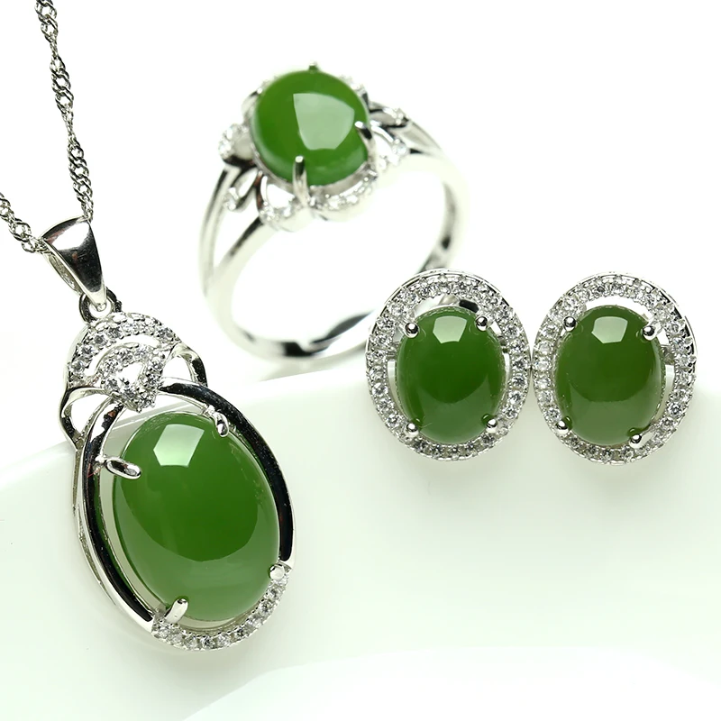 Натуральный Jade Jasper Кулон Кольцо Серьги Набор 925 серебро мозаика и Hetian нефрит