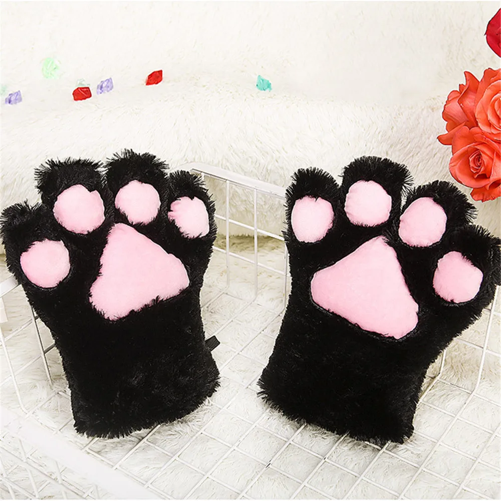 

Women Girls Cute Cat Kitten Paw Claw Warm Gloves Soft Anime Cosplay Plush for Halloween Party Accessories
