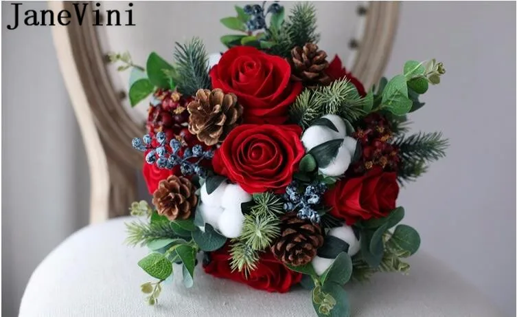 JaneVini Vintage Red Silk Flower Bouquet Boho Bridal Bouquets Artificial Cotton Pine Cone Flowers for Wedding Bridesmaid |