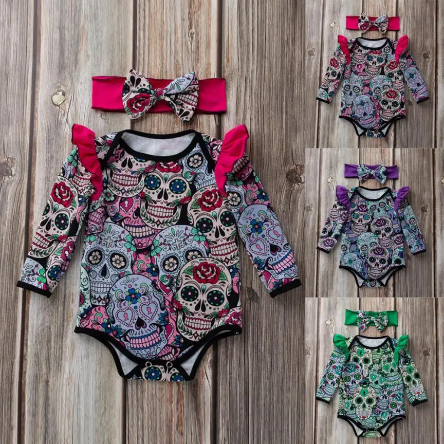 Baby Girl Boy Romper Clothes Long Sleeve Halloween Cartoon Skull Pumpkin Jumpsuit Warm Set 18Jul27 | Мать и ребенок
