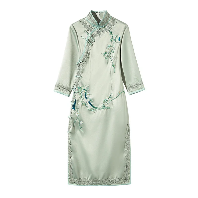 Китайские традиционные Для женщин полный Ленг вышивка цветок Qipao элегантный тонкий высокая вечернее платье Винтаж тонкий чонсан