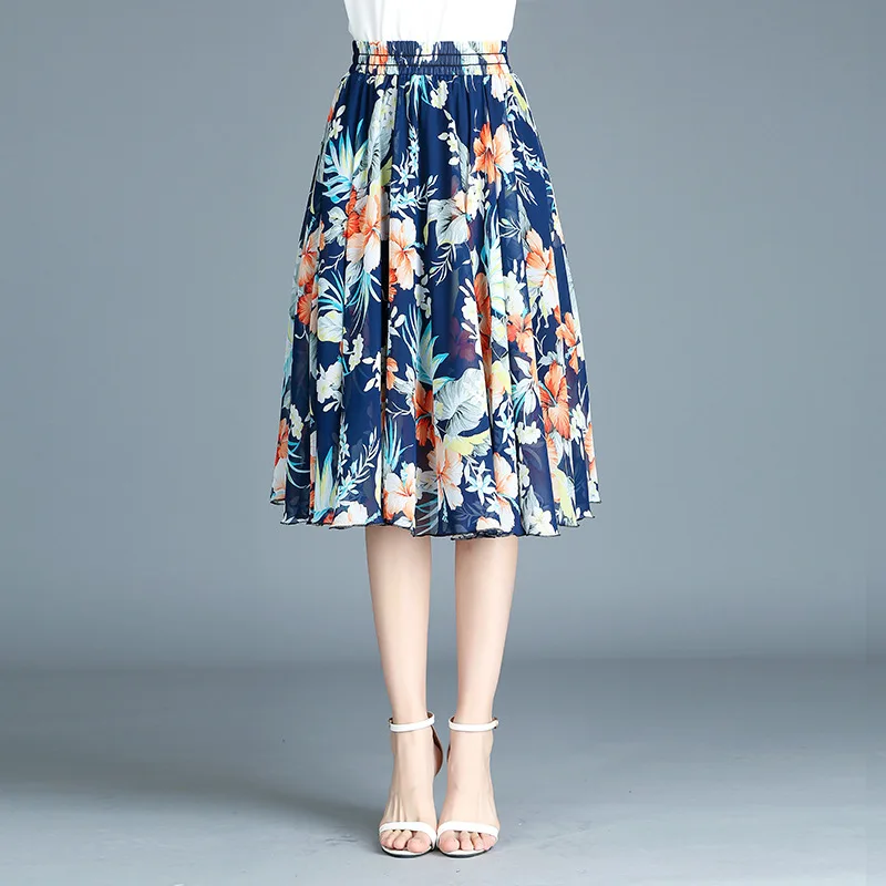 

Women Floral Chiffon Skirt 2019 Spring Summer New Fashion Elegant Vintage A Line High Waist Elastic Tutu Skirt Midi Skirt Female