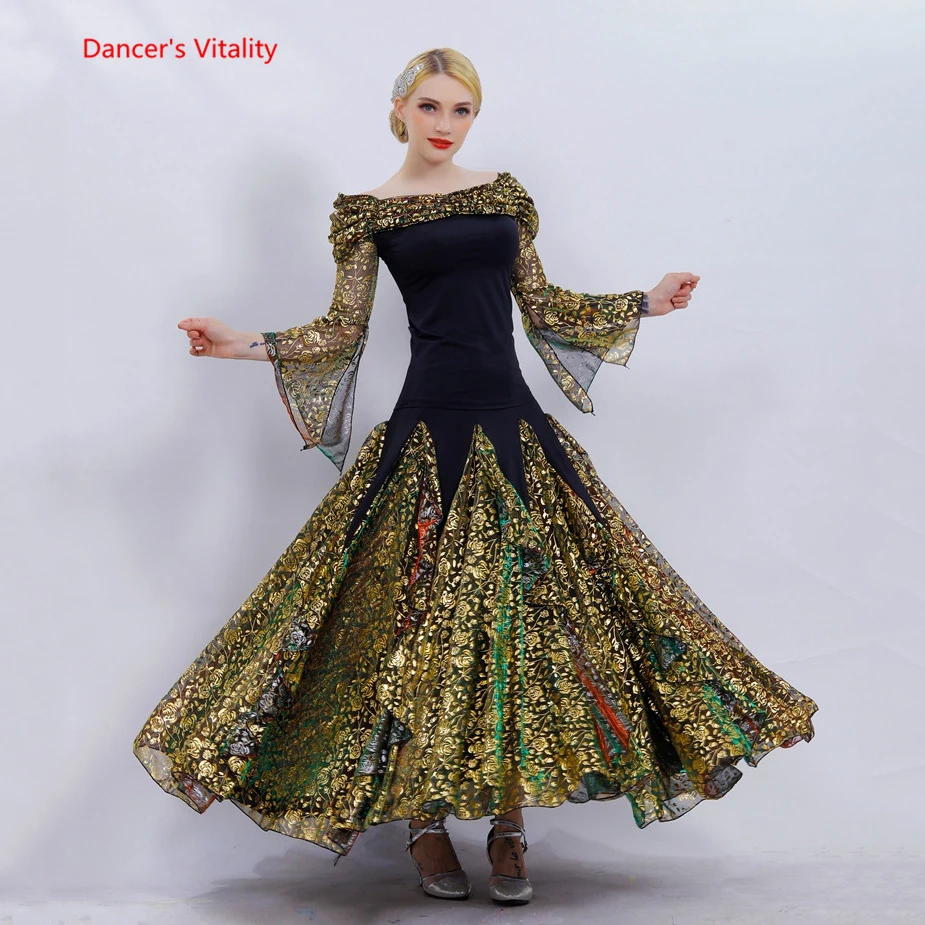 

2019 New Ballroom Dance Suit Long Sleeves Top + Slide Yarn Big Swing Skirts 2Pcs Set For Women Latin Waltz Practice Costumes