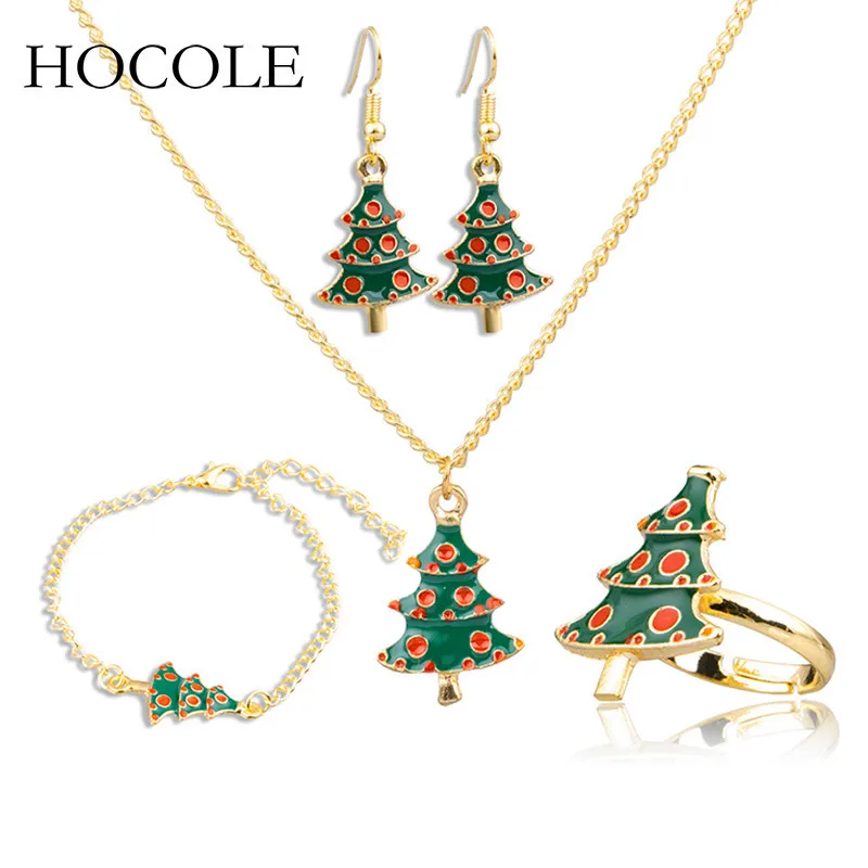 

2018 Creative Enamel Xmas Tree Pendant Necklace Drop Earring Bracelet Ring Jewelry Set For Women New Year Christmas Party Gift