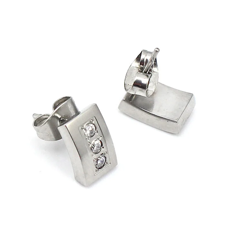 

Stainless Steel Metal Silver Color Stud Earrings With 3 Crystal Rhinestone Classic Design Geometric Stud Earrings for Women