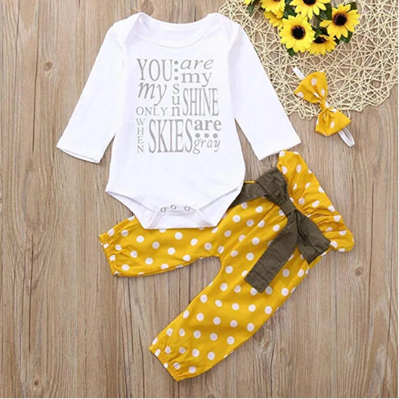 

2019 Spring Infant Baby Girl Clothes Letter You are my sunshine bodysuits+Pants+Bow Headband 3PCS Newborn Girls Jumpsuit Sets