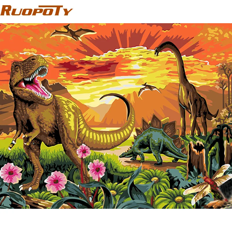 

RUOPOTY diy frame Acrylic Picture DIY Painting By Numbers Dinosaur Animals Modern Wall Art Picture Handpainted Oil Painting