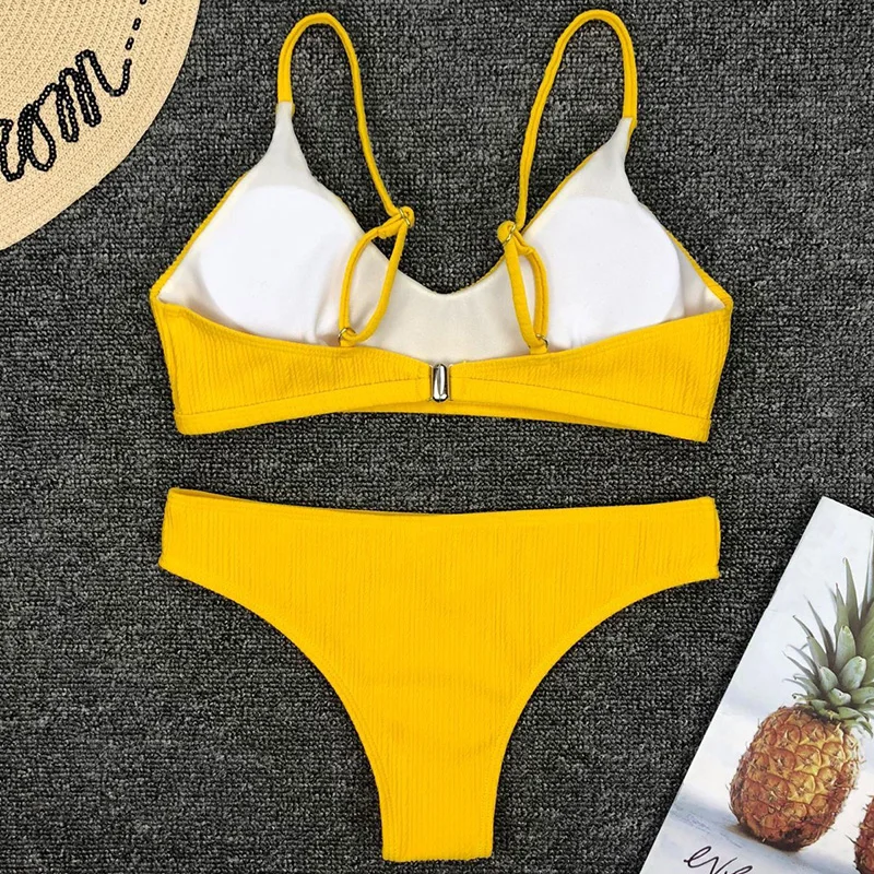 Бикини в рубчик 2021 желтый купальник женские стринги комплект бикини из двух