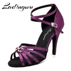 Ladingwu Для женщин латинский бальный танец обувь для девочек пурпурного сатина и с металлическими кнопками танцевальные сандалии для танцевальные туфли, каблук 6-10 см