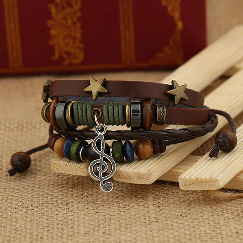 Boho Gypsy хиппи черный коричневый кожаный Звездный G Clef музыкальная нотка