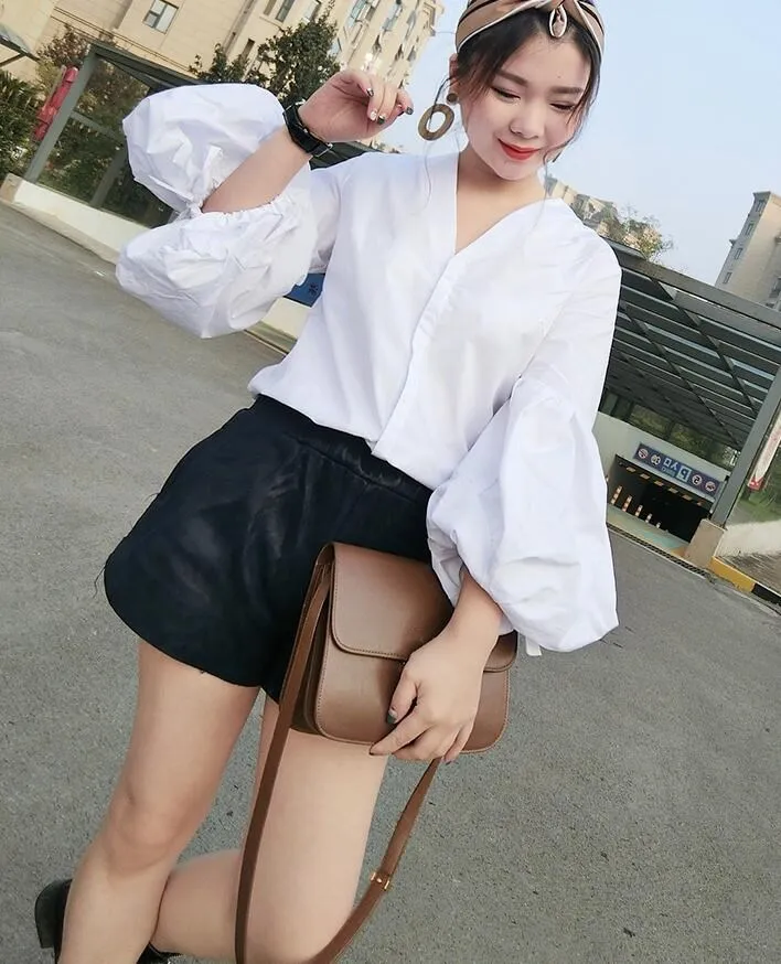 2019 Летняя мода уличная v-образным вырезом фонари рукавом плюс размеры блузка для