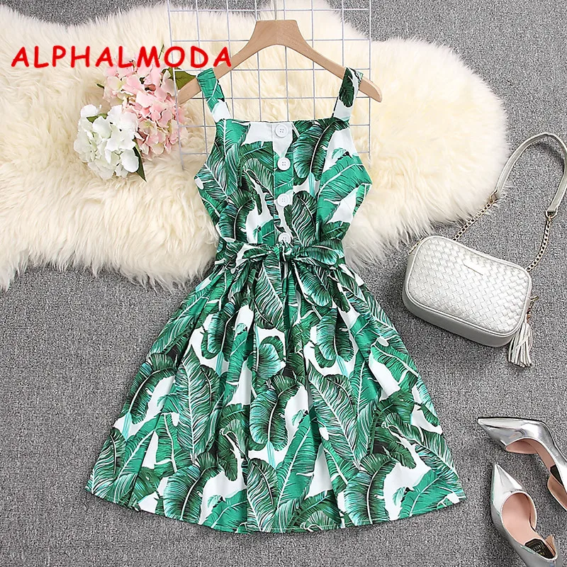 ALPHALMODA 2019 летние цветочные платье на бретелях Однобортный Высокая Талия пояса