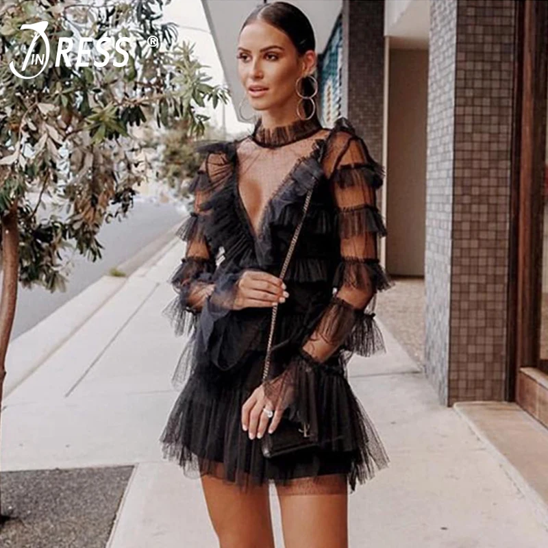 Женское Сетчатое мини-платье INDRESSME вечернее облегающее платье с круглым вырезом