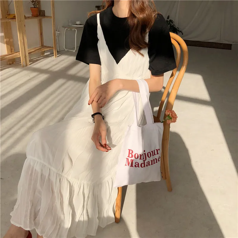 Fishtail Sleeveless Pleated Dress Casual Loose V Neck Vintage Women Sweet Long Summer Streetwear White Beach Chiffon | Женская одежда