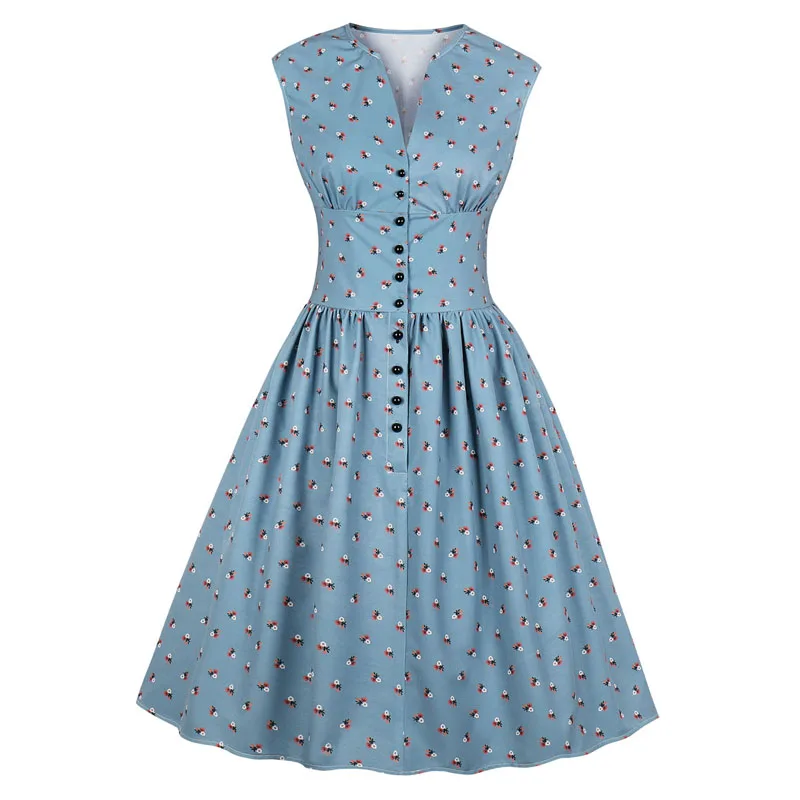 

Women Summer Vintage Dress 2020 V-Neck Floral Print Sleeveless Single-breasted Dress Vestidos Evening Party Retro Dresses Mujer